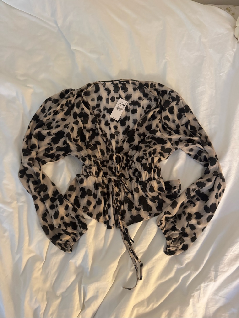 Express Beige and Black Leopard Print Drawstring Blouse